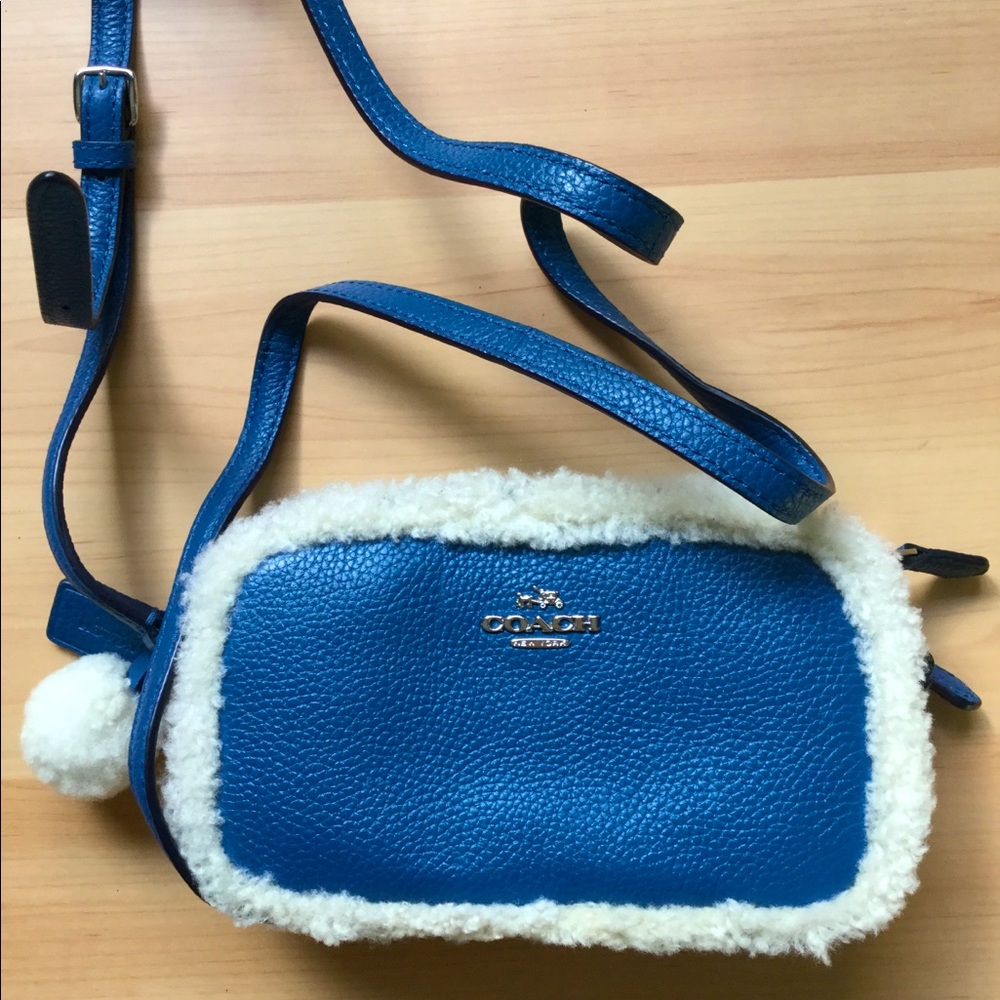 Coach Blue Pebble Leather Shearling Edge Purse